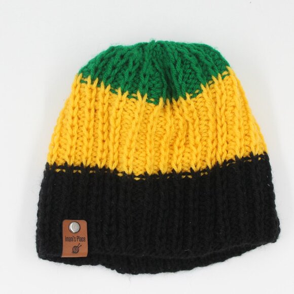 Handmade Hand Knit Cropped Raindrops Ribbed Knit Jamaica Themed Beanie Hat - Picture 3 of 4